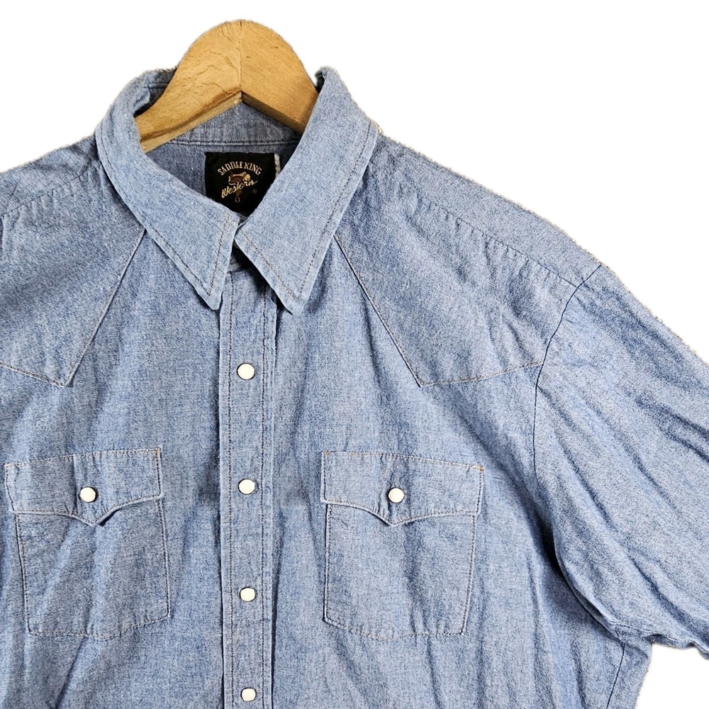 Vintage‎ Saddle King Western Denim Pearl Snap Double Pockets Shirt Mens XL